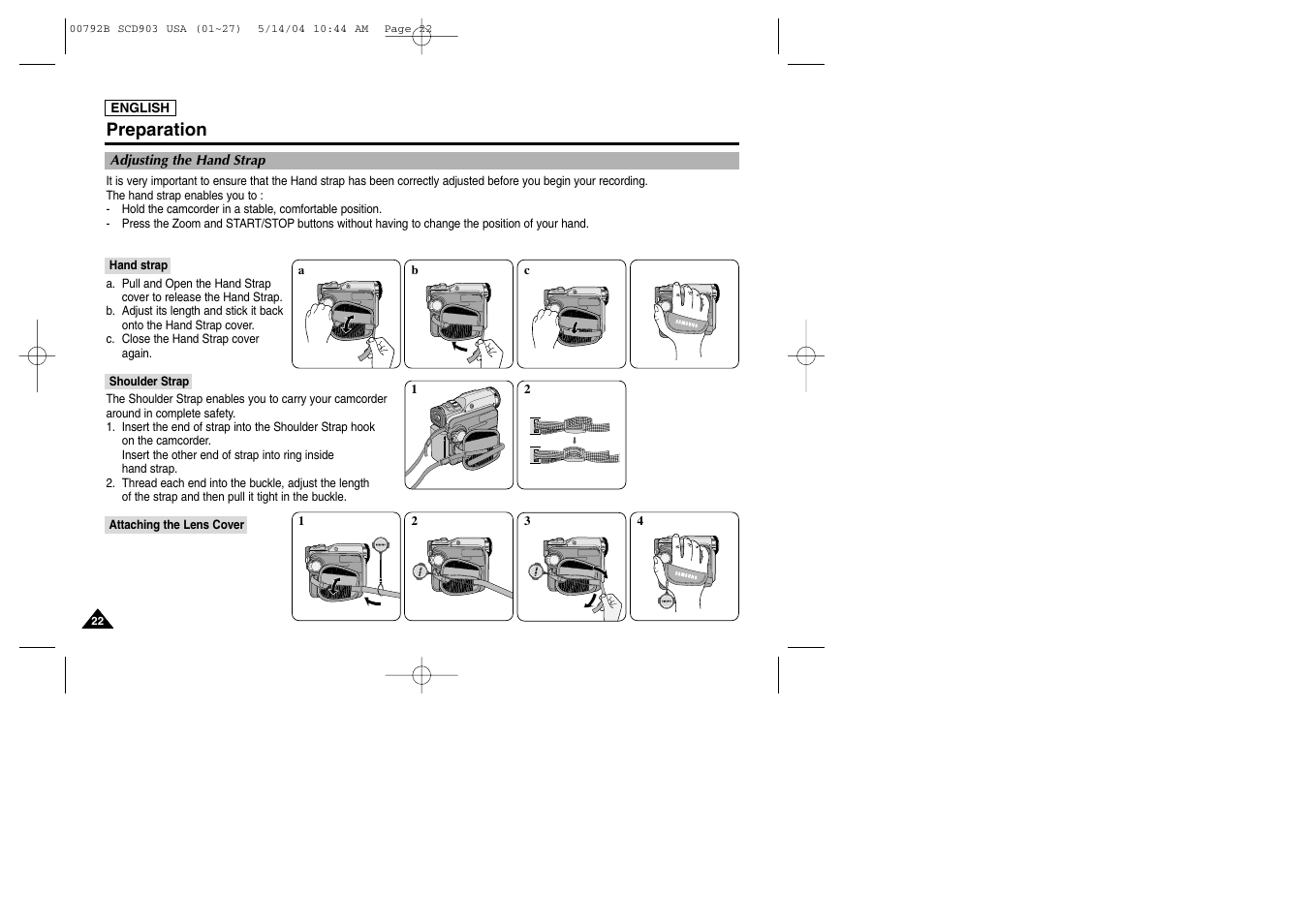 Adjusting the hand strap, Hand strap, Shoulder strap | Attaching the lens cover, Preparation | Samsung SC-D903-XAC User Manual | Page 26 / 114
