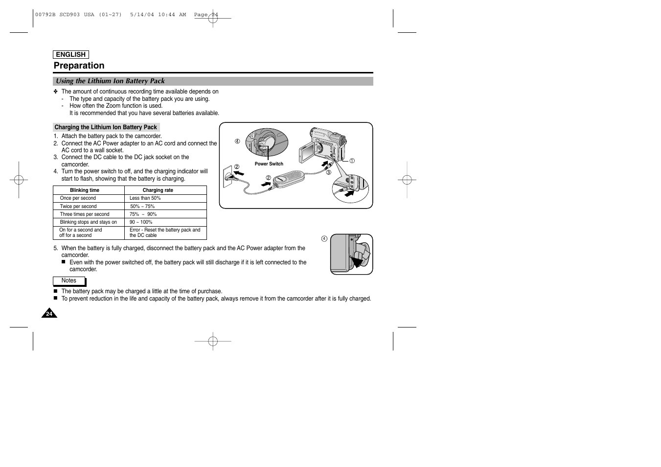 Using the lithium ion battery pack, Charging the lithium ion battery pack, Preparation | Samsung SC-D903-XAC User Manual | Page 28 / 114