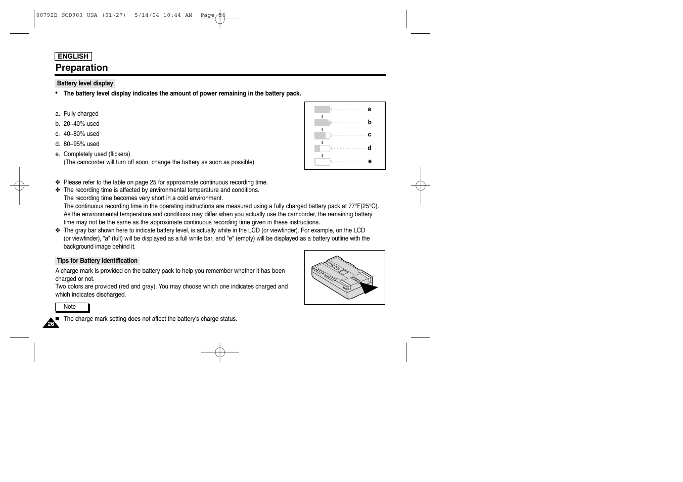 Battery level display, Preparation | Samsung SC-D903-XAC User Manual | Page 30 / 114