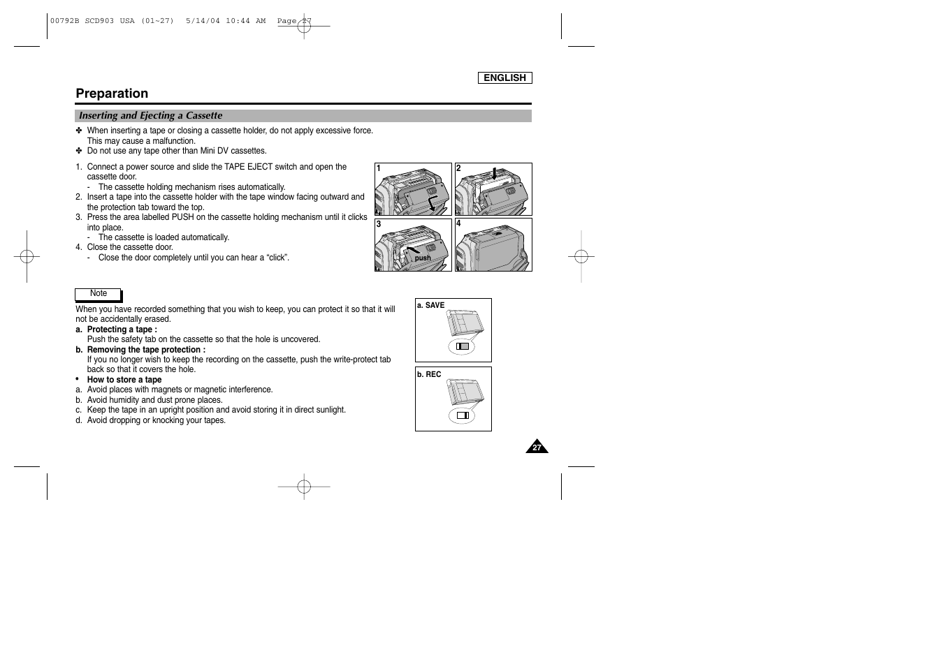 Inserting and ejecting a cassette, Preparation | Samsung SC-D903-XAC User Manual | Page 31 / 114