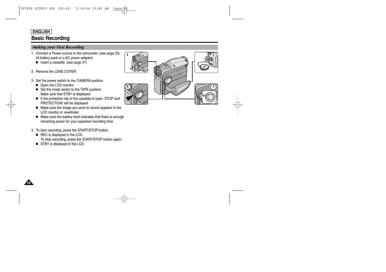 Basic recording, Making your first recording | Samsung SC-D903-XAC User Manual | Page 32 / 114