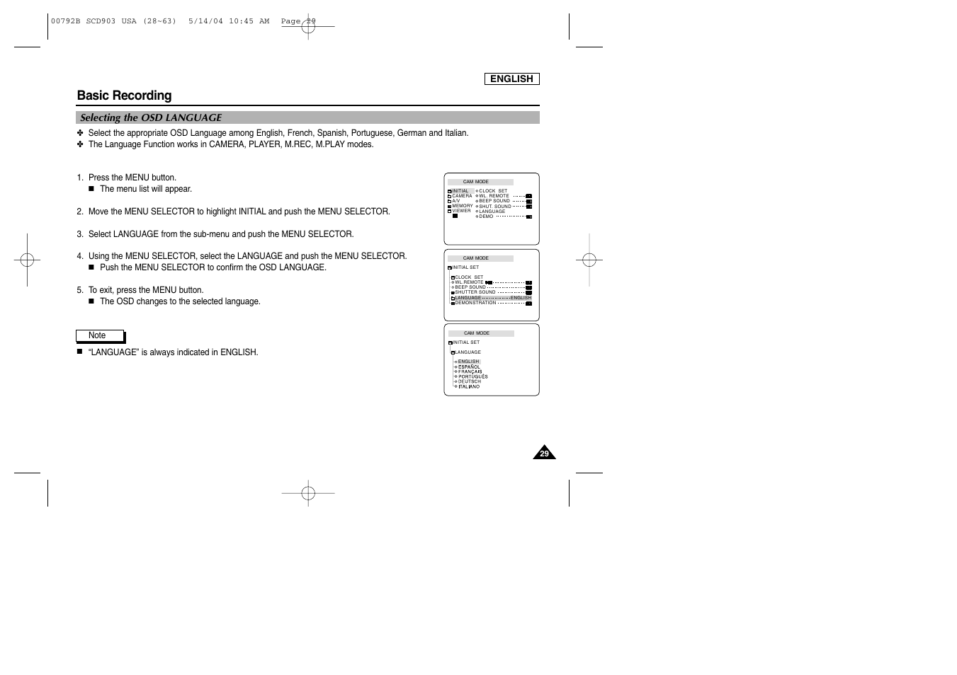 Selecting the osd language, Basic recording | Samsung SC-D903-XAC User Manual | Page 33 / 114