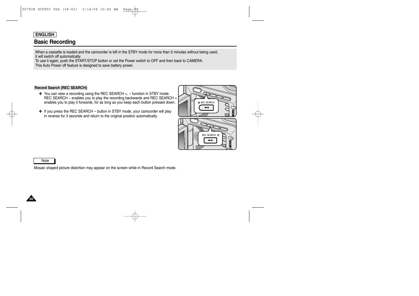 Record search (rec search), Basic recording | Samsung SC-D903-XAC User Manual | Page 34 / 114