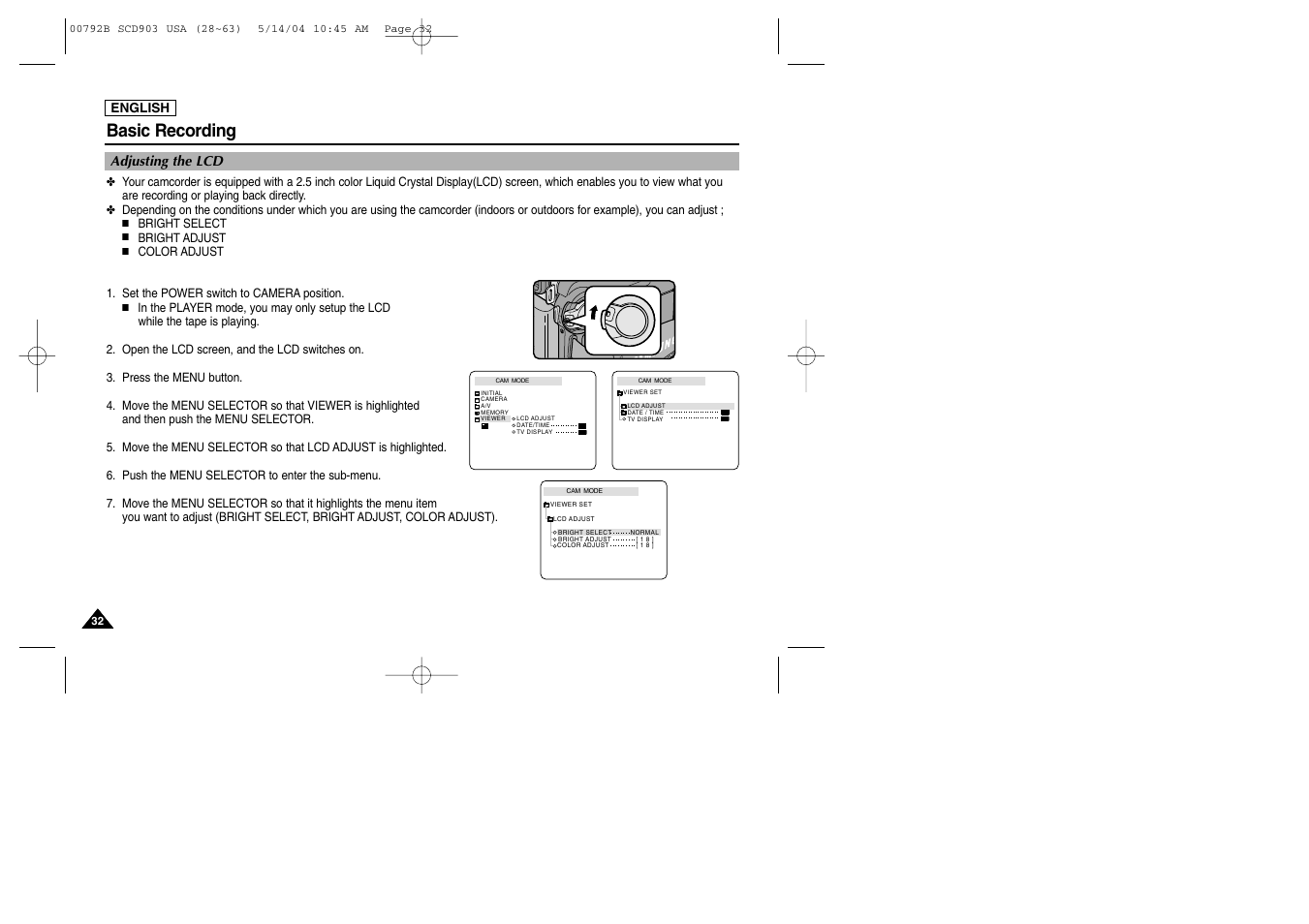 Adjusting the lcd, Basic recording | Samsung SC-D903-XAC User Manual | Page 36 / 114