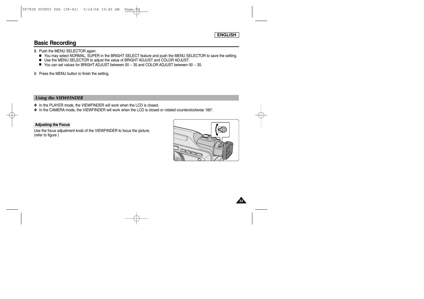 Using the viewfinder, Adjusting the focus, Basic recording | Samsung SC-D903-XAC User Manual | Page 37 / 114