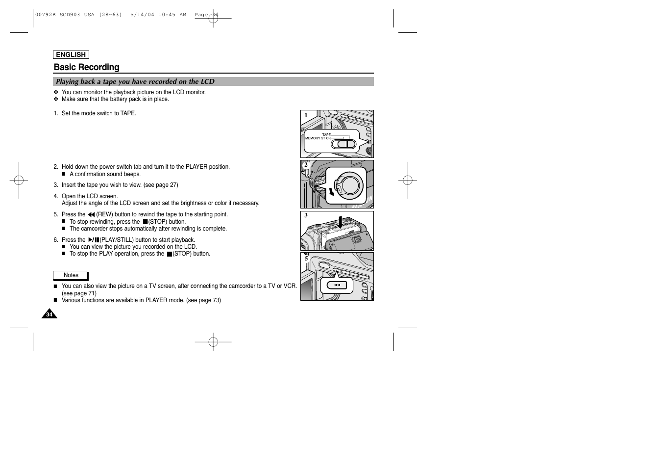 Playing back a tape you have recorded on the lcd, Basic recording | Samsung SC-D903-XAC User Manual | Page 38 / 114