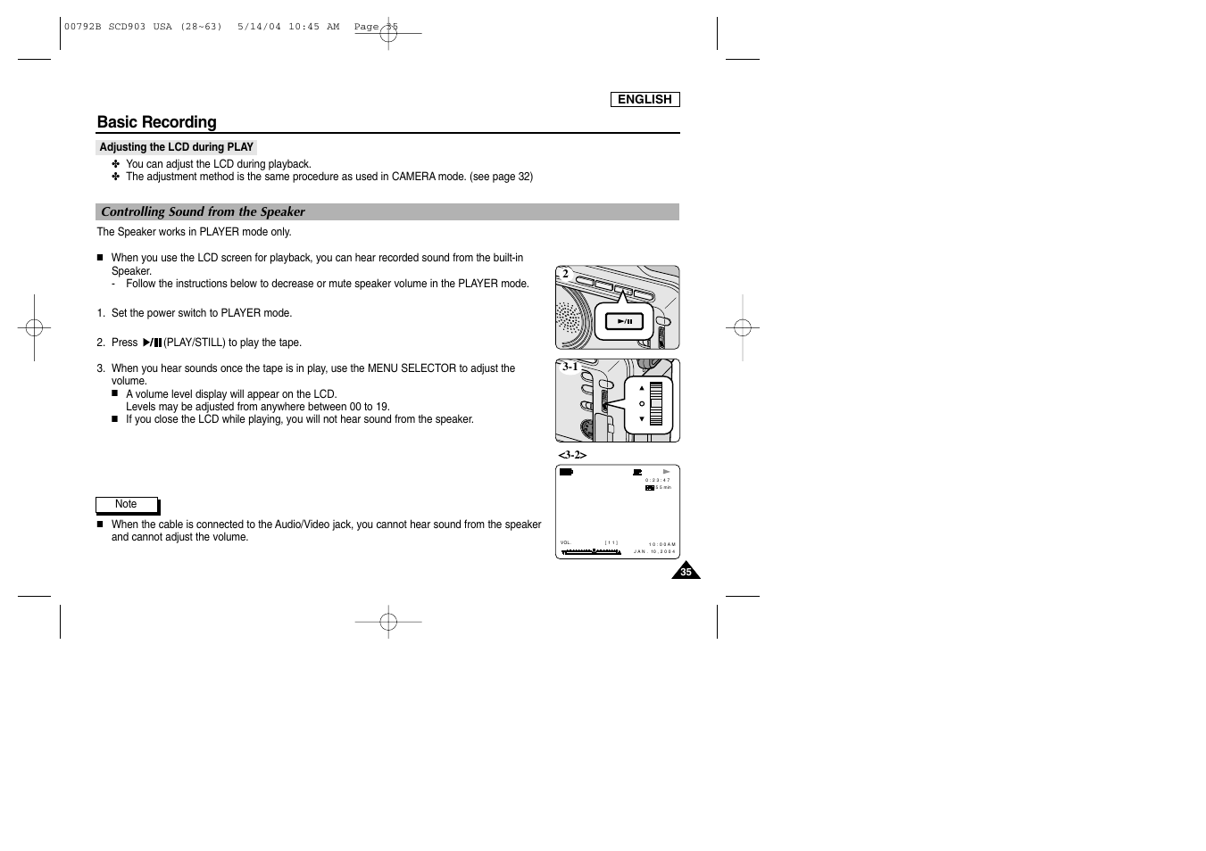 Adjusting the lcd during play, Controlling sound from the speaker, Basic recording | Samsung SC-D903-XAC User Manual | Page 39 / 114