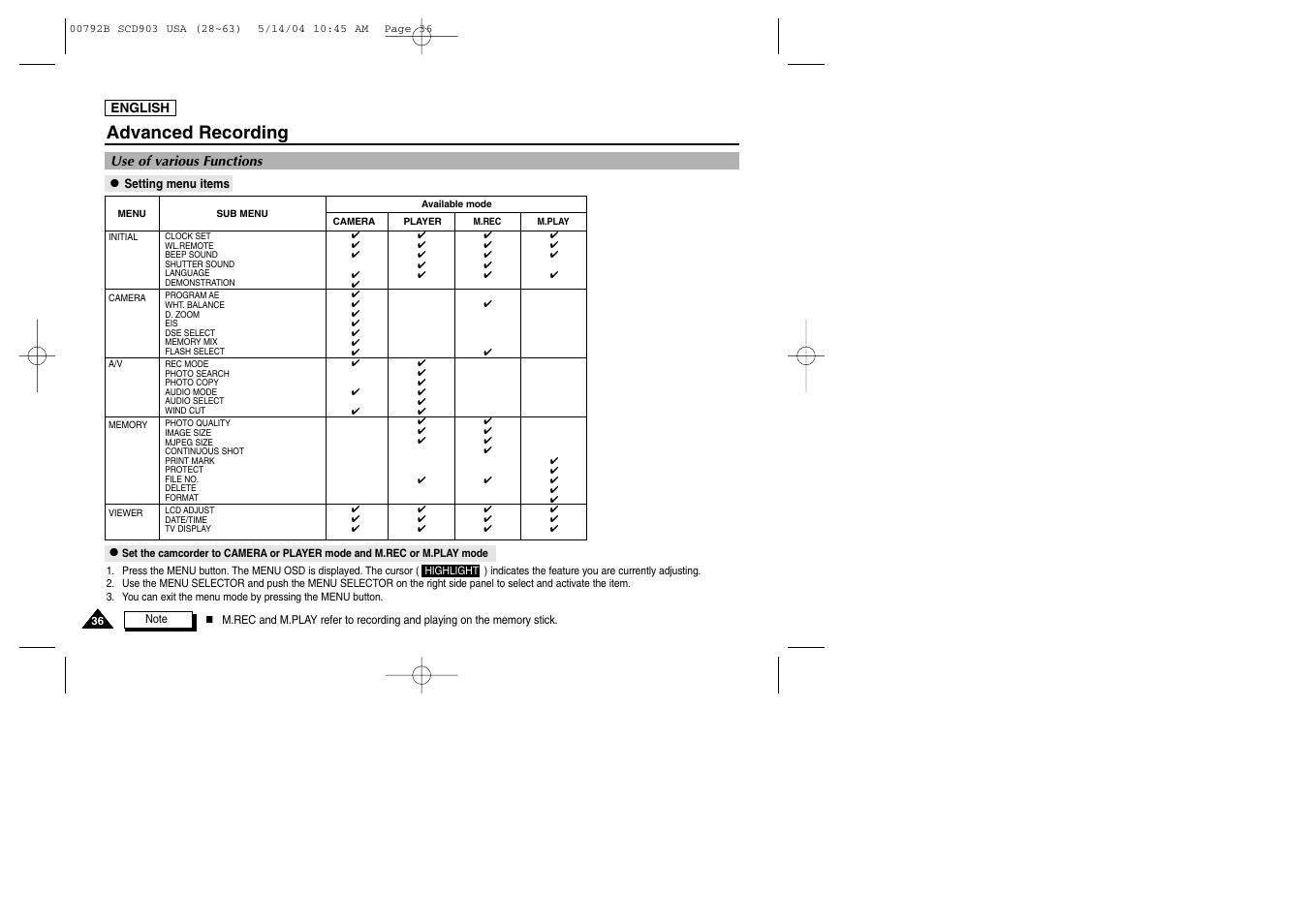 Advanced recording, Use of various functions, Setting menu items | Samsung SC-D903-XAC User Manual | Page 40 / 114