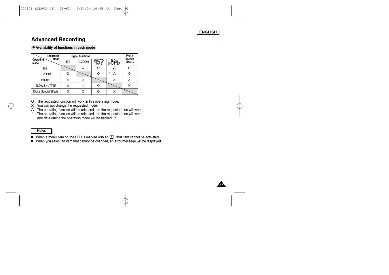 Availability of functions in each mode, Advanced recording | Samsung SC-D903-XAC User Manual | Page 41 / 114