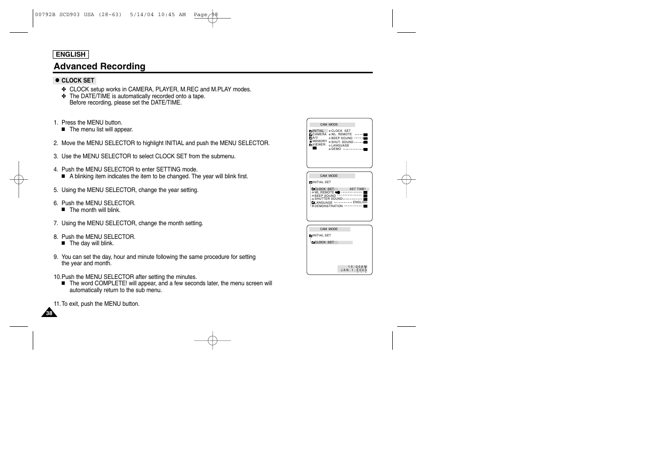 Clock set, Advanced recording | Samsung SC-D903-XAC User Manual | Page 42 / 114