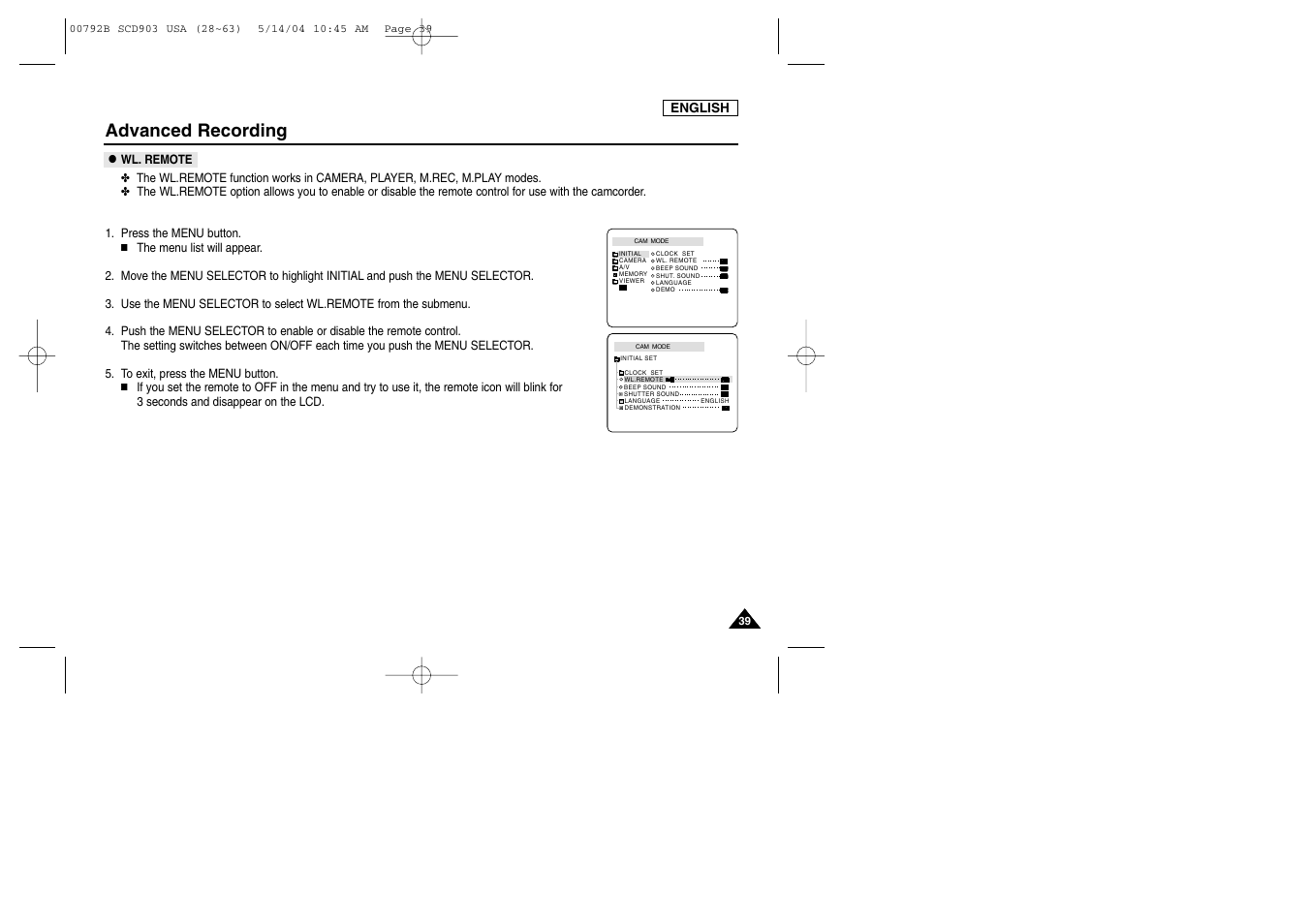 Wl. remote, Advanced recording | Samsung SC-D903-XAC User Manual | Page 43 / 114