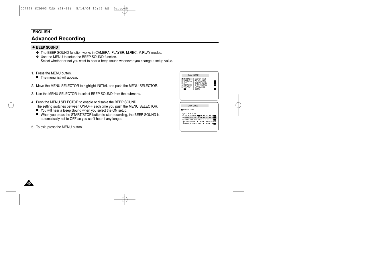 Beep sound, Advanced recording | Samsung SC-D903-XAC User Manual | Page 44 / 114