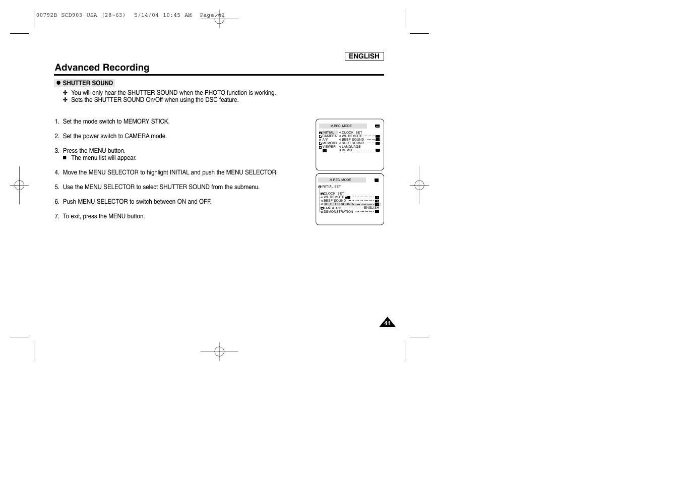 Shutter sound, Advanced recording | Samsung SC-D903-XAC User Manual | Page 45 / 114