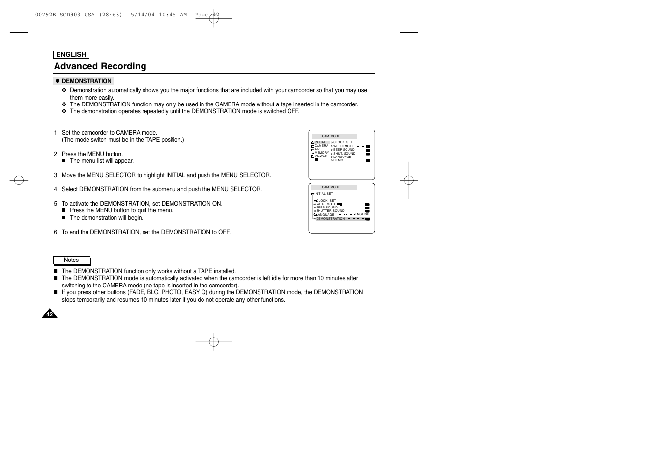 Demonstration, Advanced recording | Samsung SC-D903-XAC User Manual | Page 46 / 114