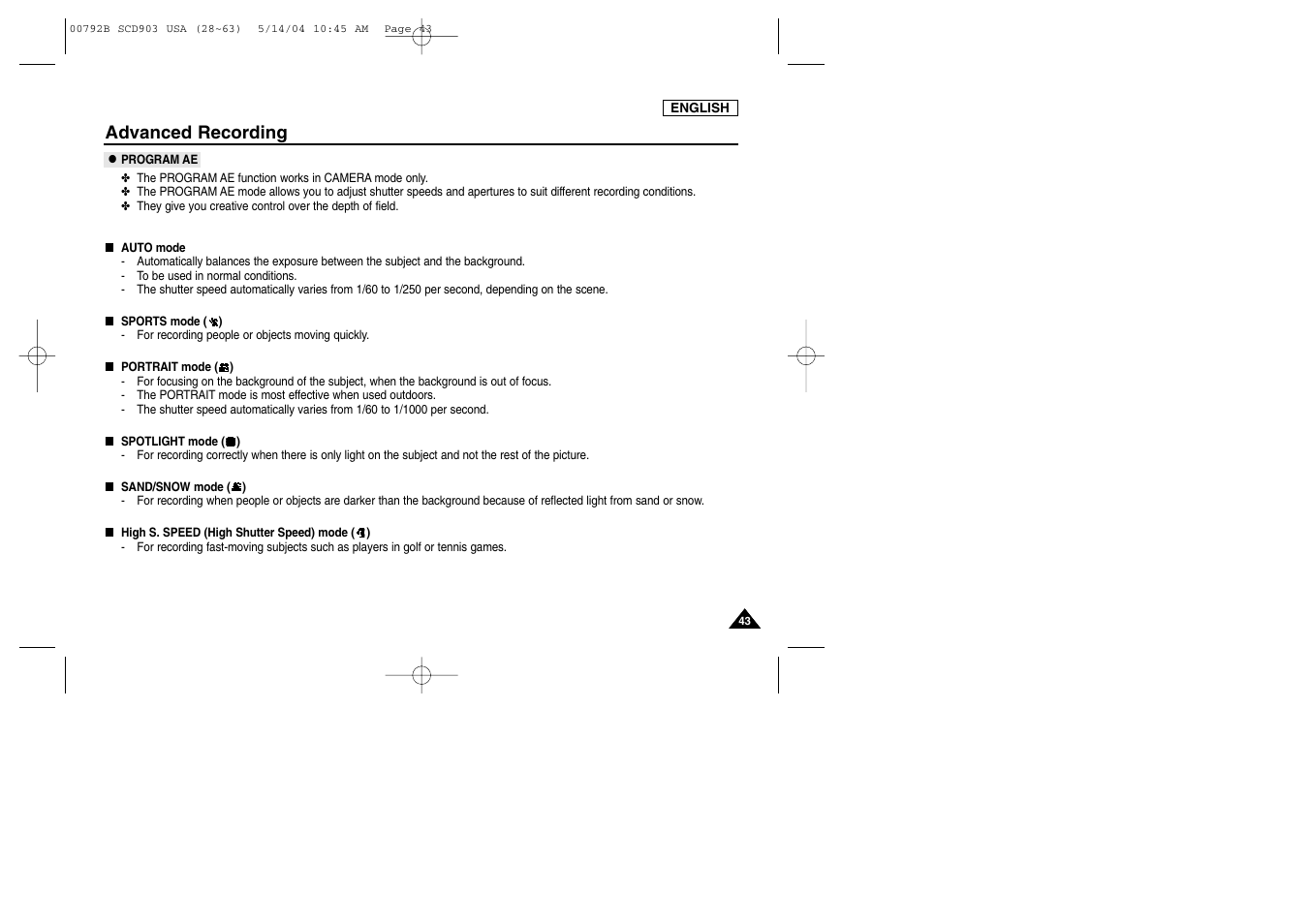 Program ae, Advanced recording | Samsung SC-D903-XAC User Manual | Page 47 / 114