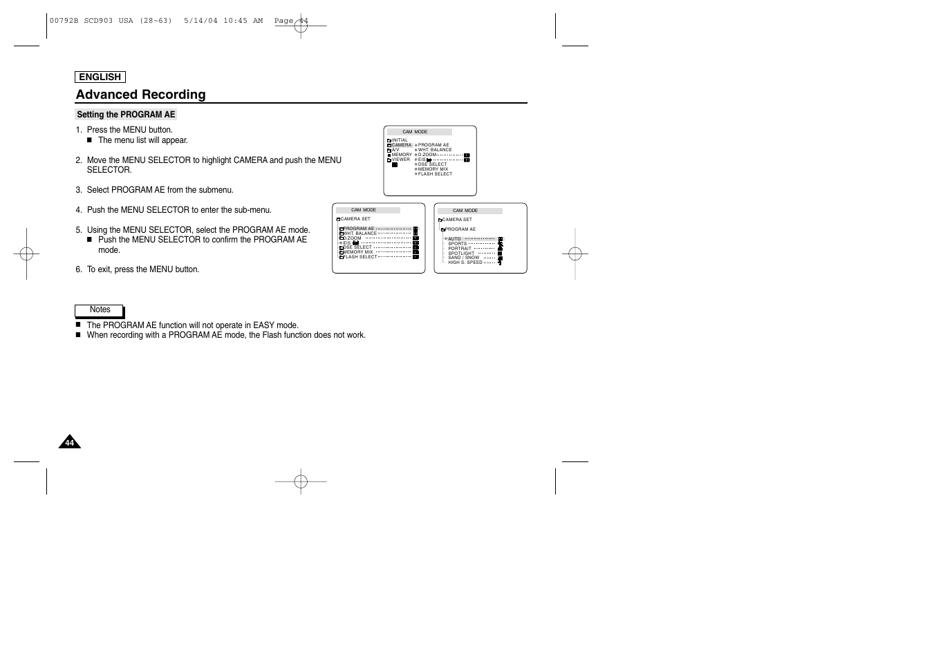 Setting the program ae, Advanced recording | Samsung SC-D903-XAC User Manual | Page 48 / 114