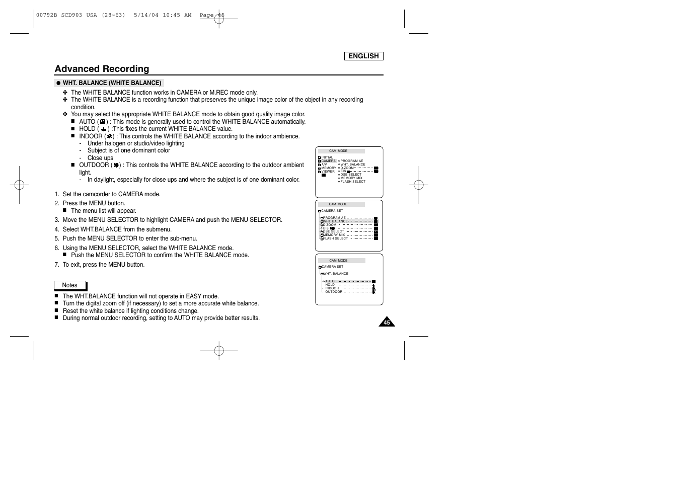 Wht. balance (white balance), Advanced recording | Samsung SC-D903-XAC User Manual | Page 49 / 114