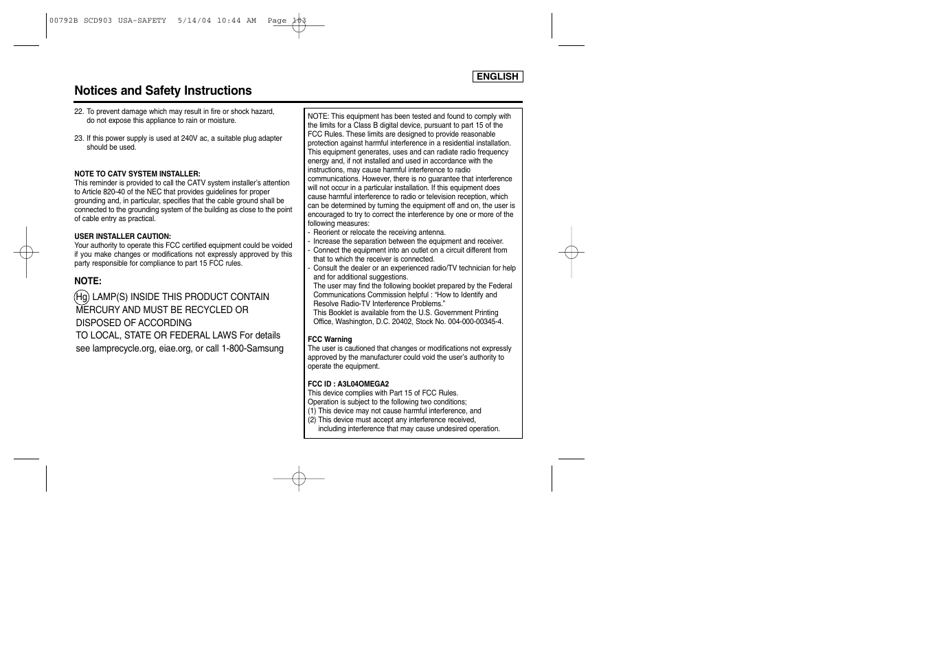 Notices and safety instructions | Samsung SC-D903-XAC User Manual | Page 5 / 114