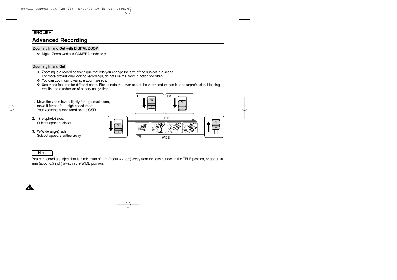 Zooming in and out with digital zoom, Zooming in and out, Advanced recording | Samsung SC-D903-XAC User Manual | Page 50 / 114