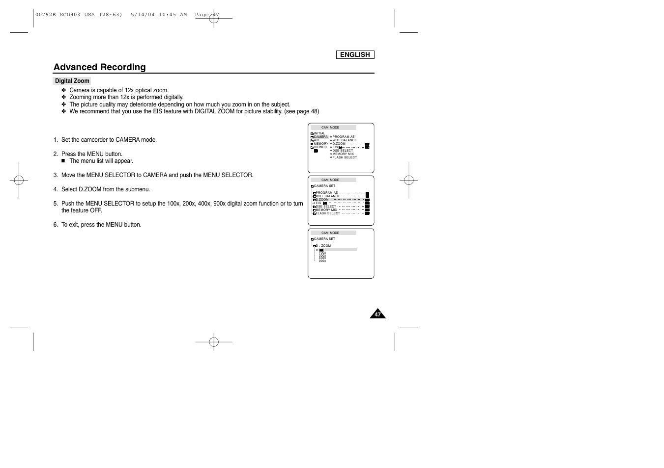 Digital zoom, Advanced recording | Samsung SC-D903-XAC User Manual | Page 51 / 114