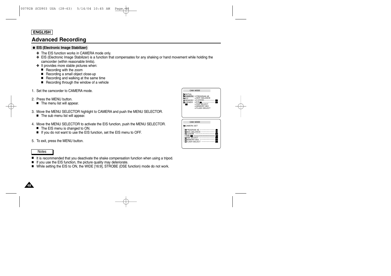 Eis (electronic image stabilizer), Advanced recording | Samsung SC-D903-XAC User Manual | Page 52 / 114