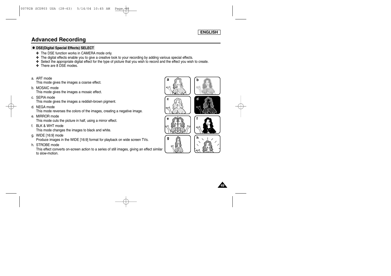 Dse(digital special effects) select, Advanced recording | Samsung SC-D903-XAC User Manual | Page 53 / 114