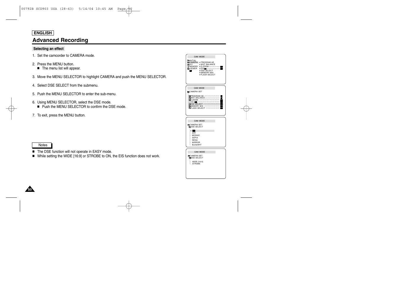 Selecting an effect, Advanced recording | Samsung SC-D903-XAC User Manual | Page 54 / 114