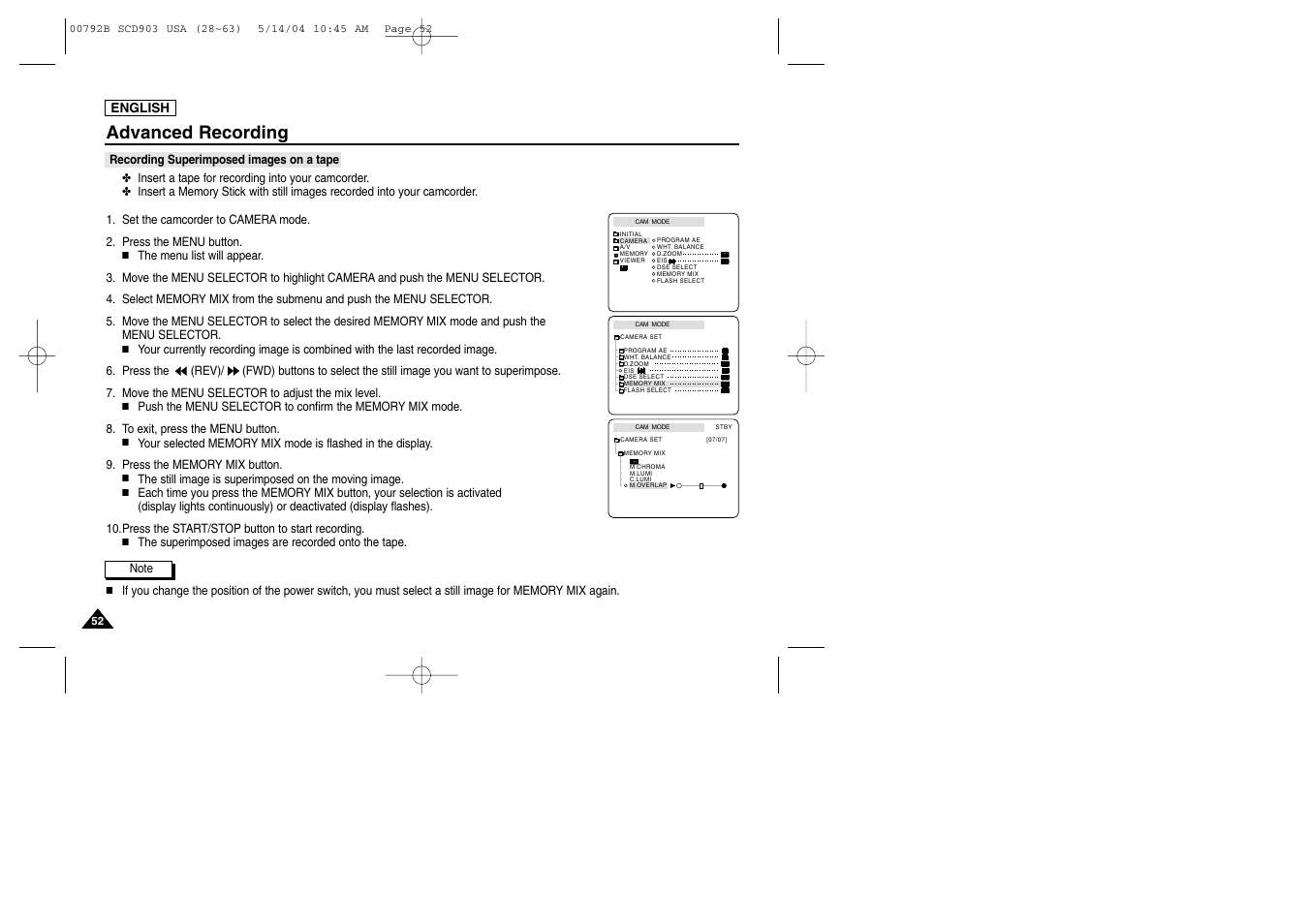 Recording superimposed images on a tape, Advanced recording | Samsung SC-D903-XAC User Manual | Page 56 / 114