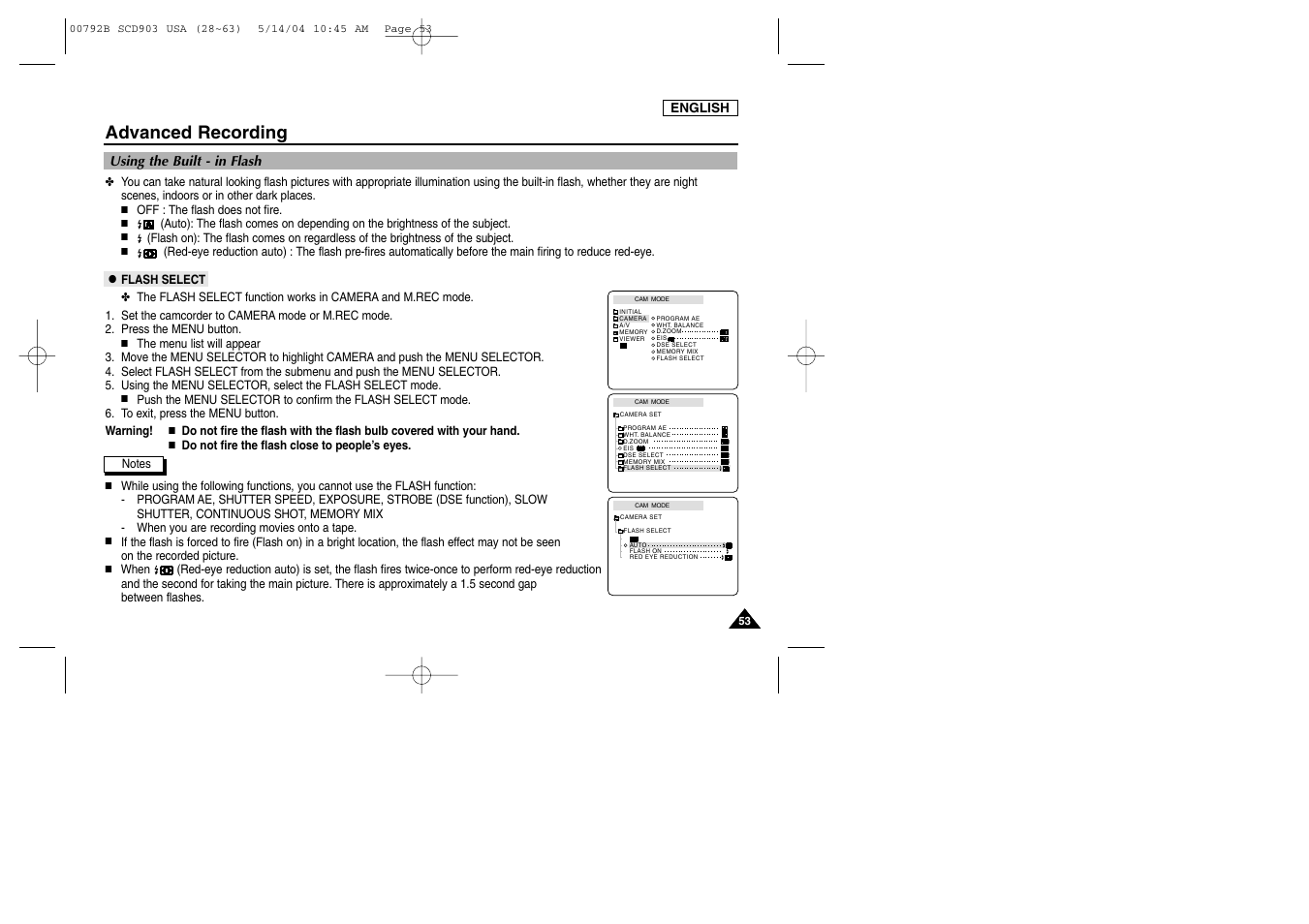 Using the built - in flash, Flash select, Advanced recording | Samsung SC-D903-XAC User Manual | Page 57 / 114