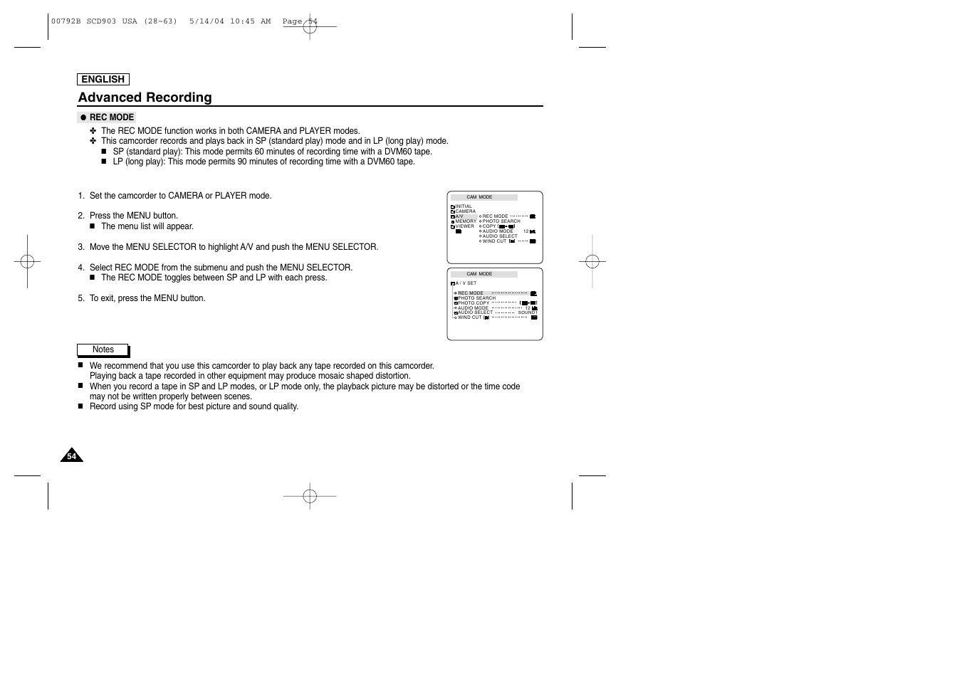 Rec mode, Advanced recording | Samsung SC-D903-XAC User Manual | Page 58 / 114