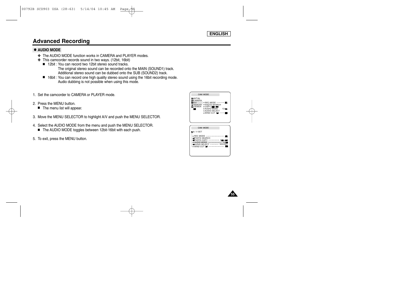 Audio mode, Advanced recording | Samsung SC-D903-XAC User Manual | Page 59 / 114