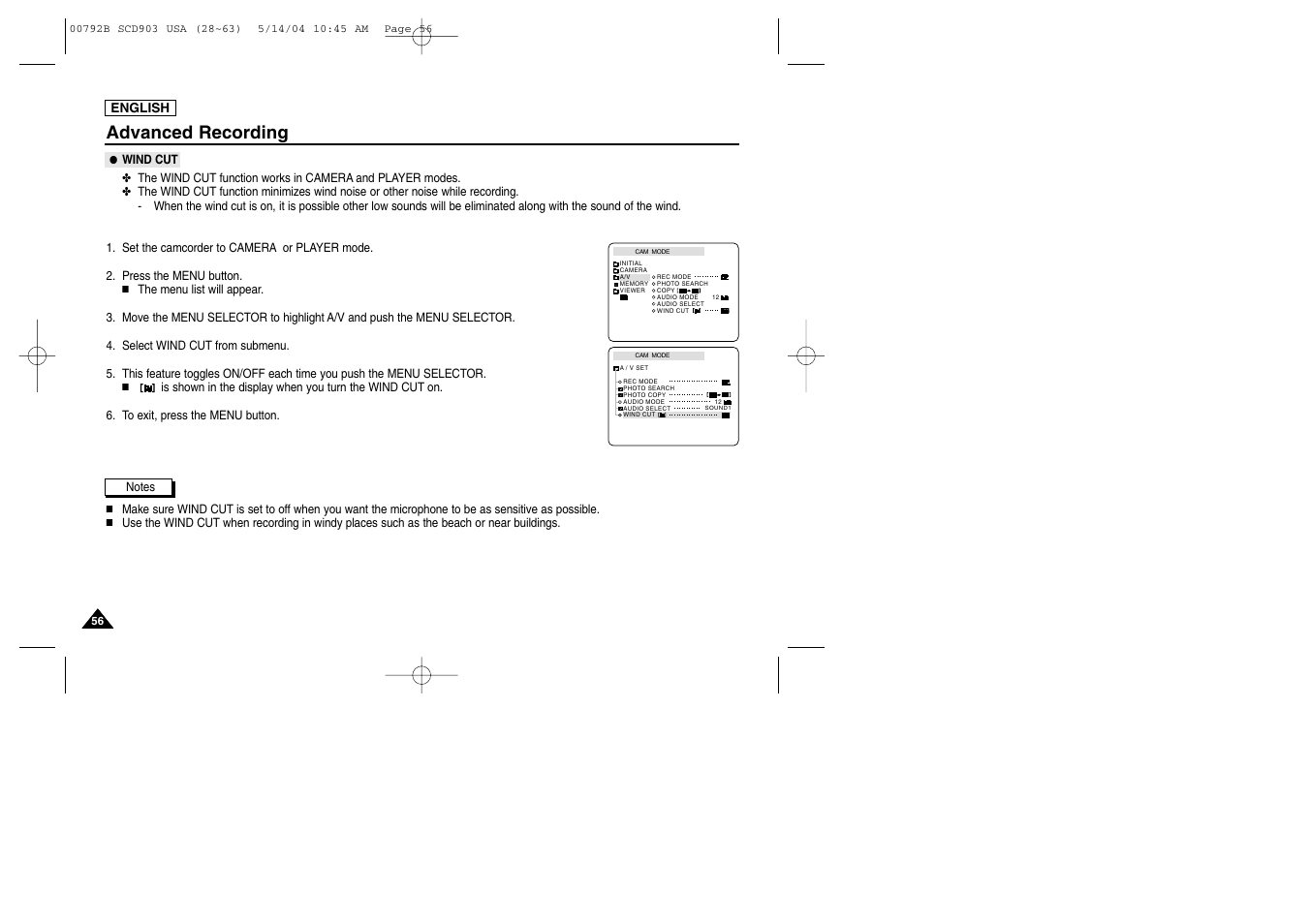 Wind cut, Advanced recording | Samsung SC-D903-XAC User Manual | Page 60 / 114