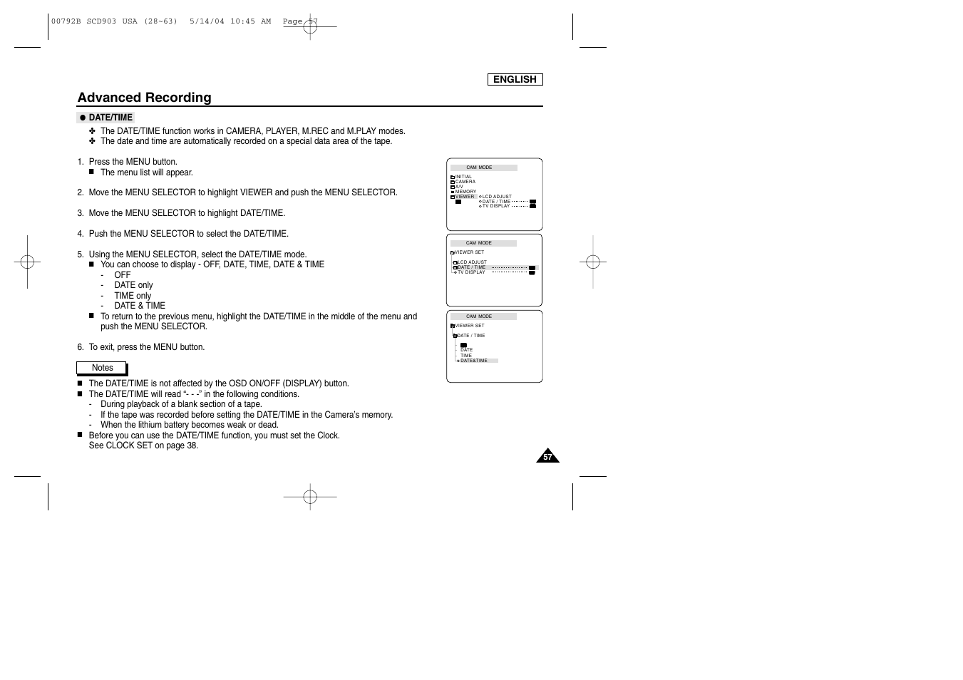 Date/time, Advanced recording | Samsung SC-D903-XAC User Manual | Page 61 / 114