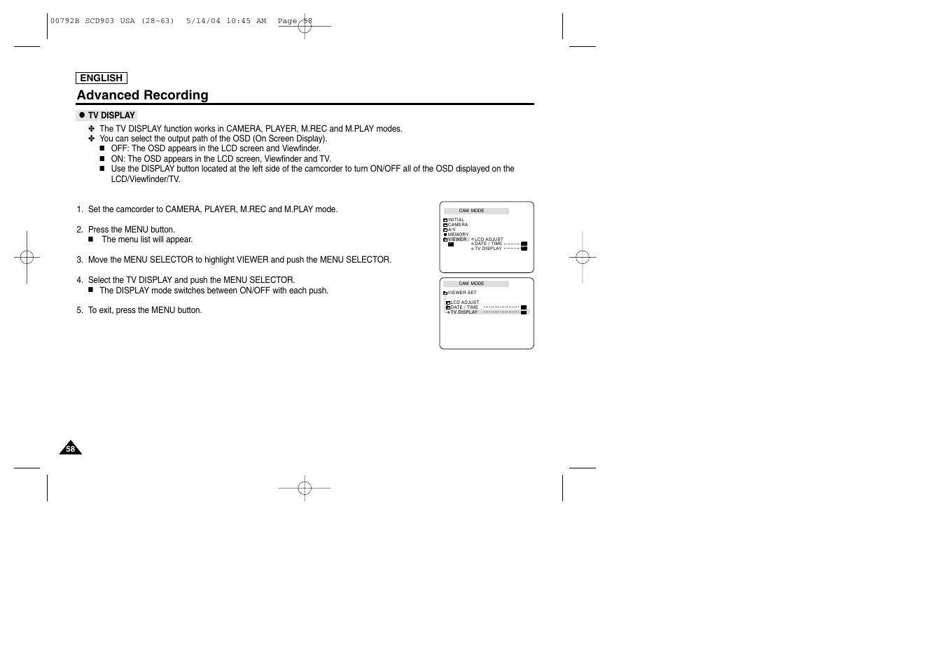 Tv display, Advanced recording | Samsung SC-D903-XAC User Manual | Page 62 / 114