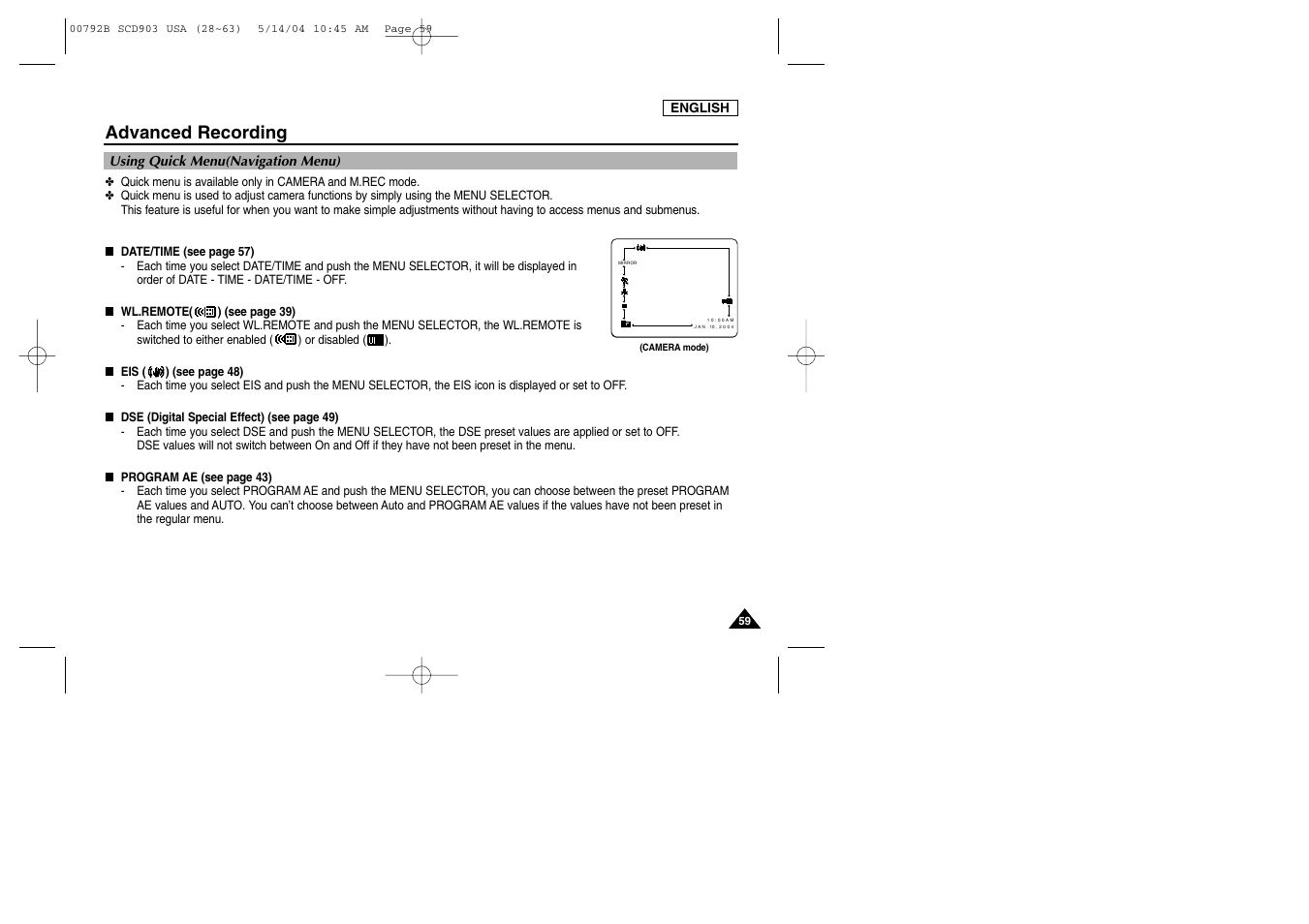 Using quick menu, Advanced recording | Samsung SC-D903-XAC User Manual | Page 63 / 114