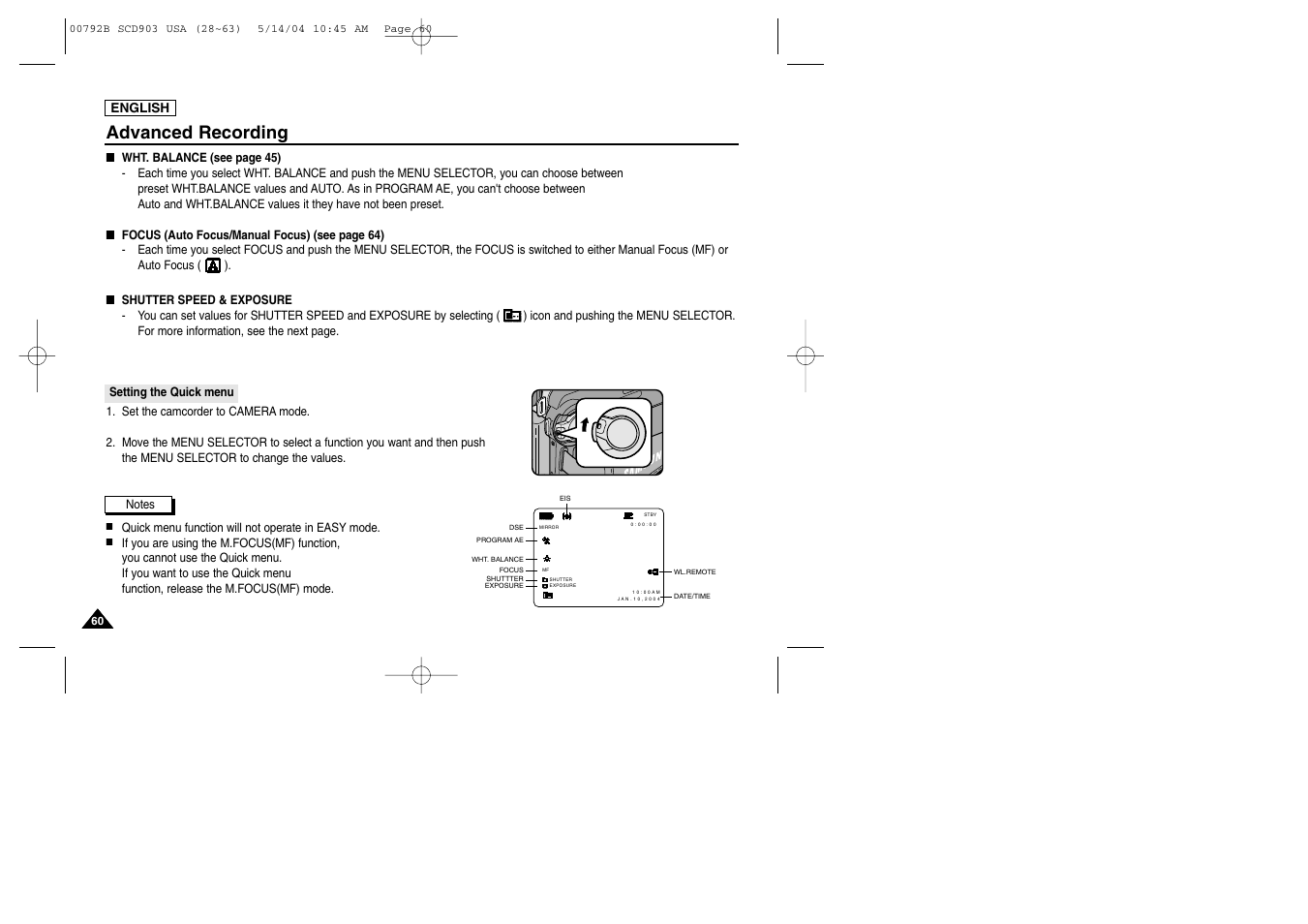 Setting the quick menu, Advanced recording | Samsung SC-D903-XAC User Manual | Page 64 / 114