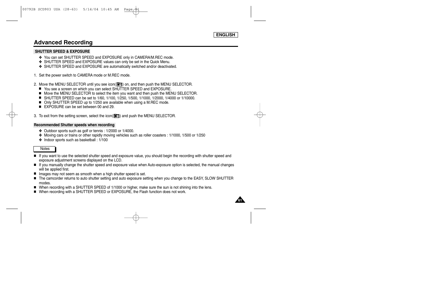 Shutter speed & exposure, Advanced recording | Samsung SC-D903-XAC User Manual | Page 65 / 114