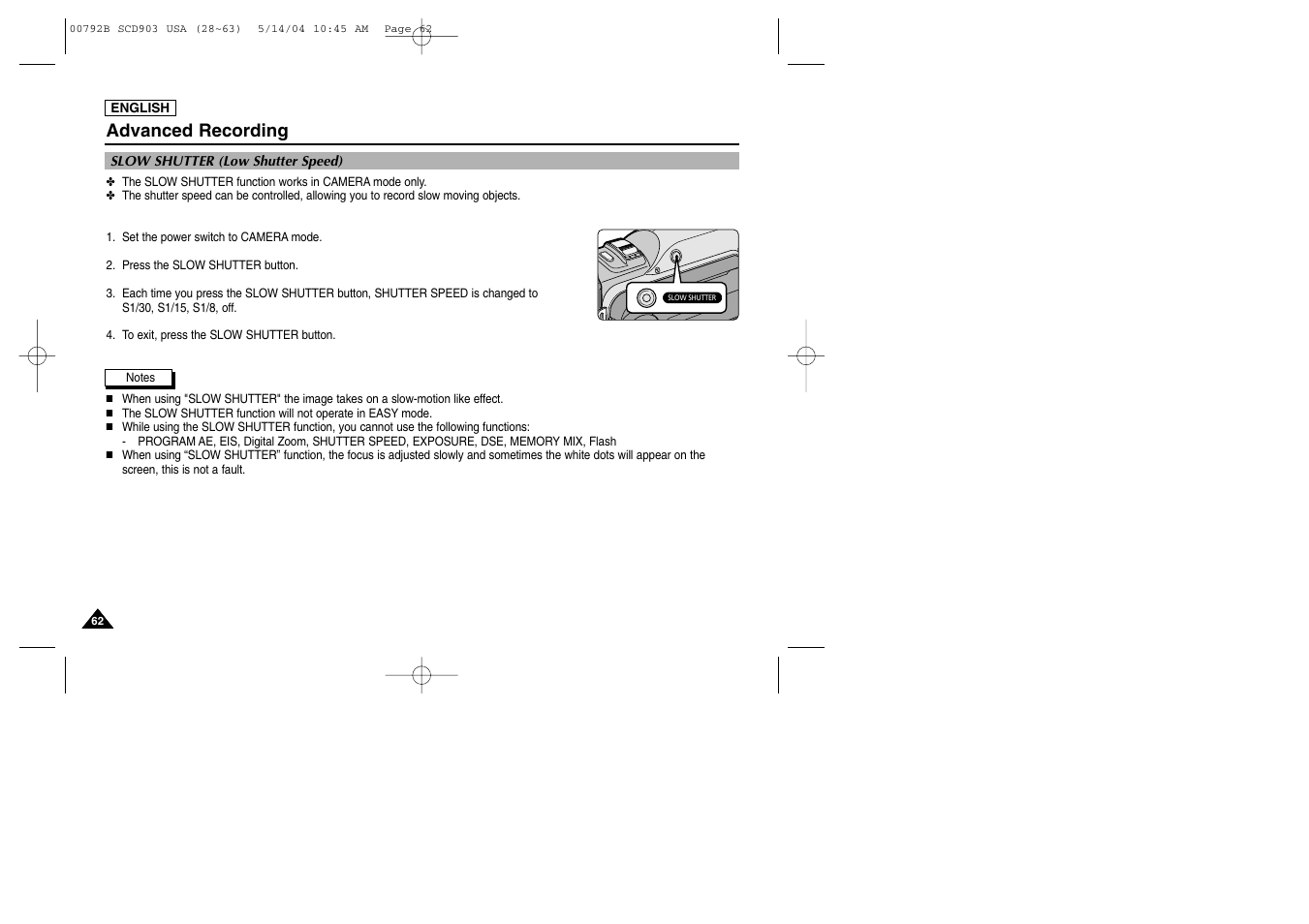 Slow shutter (low shutter speed), Advanced recording | Samsung SC-D903-XAC User Manual | Page 66 / 114