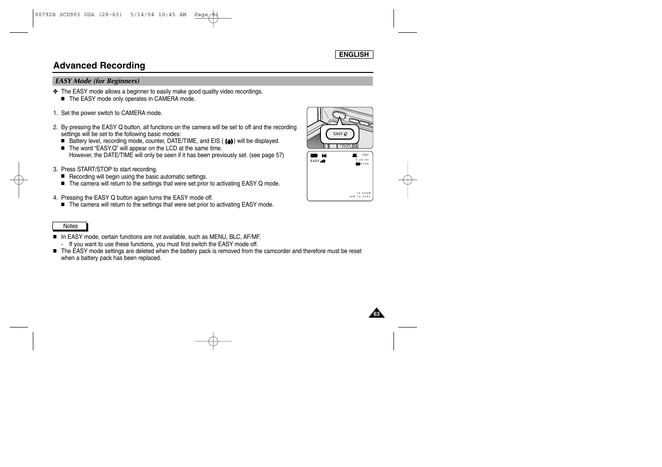 Easy mode (for beginners), Advanced recording | Samsung SC-D903-XAC User Manual | Page 67 / 114