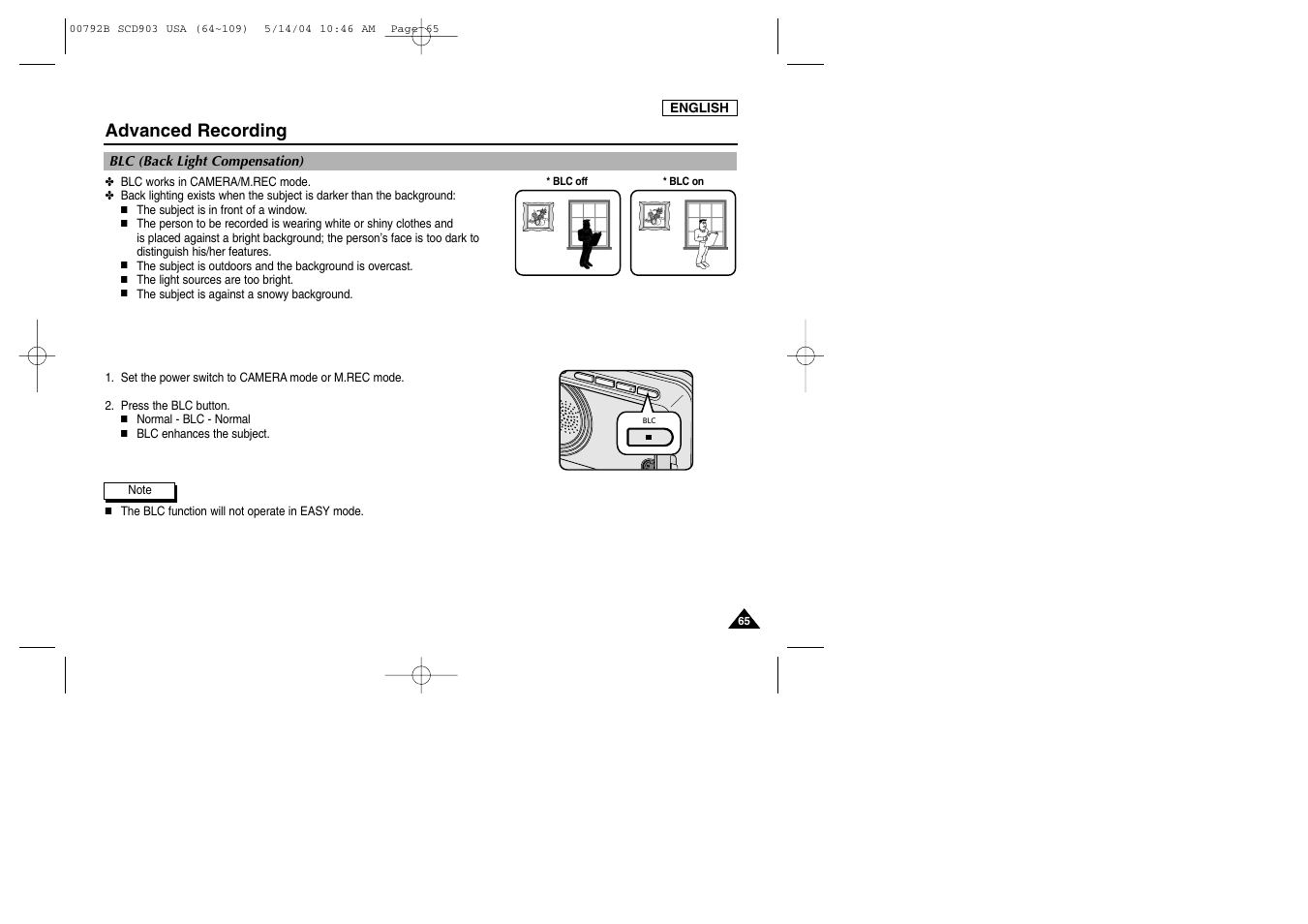 Blc (back light compensation), Advanced recording | Samsung SC-D903-XAC User Manual | Page 69 / 114