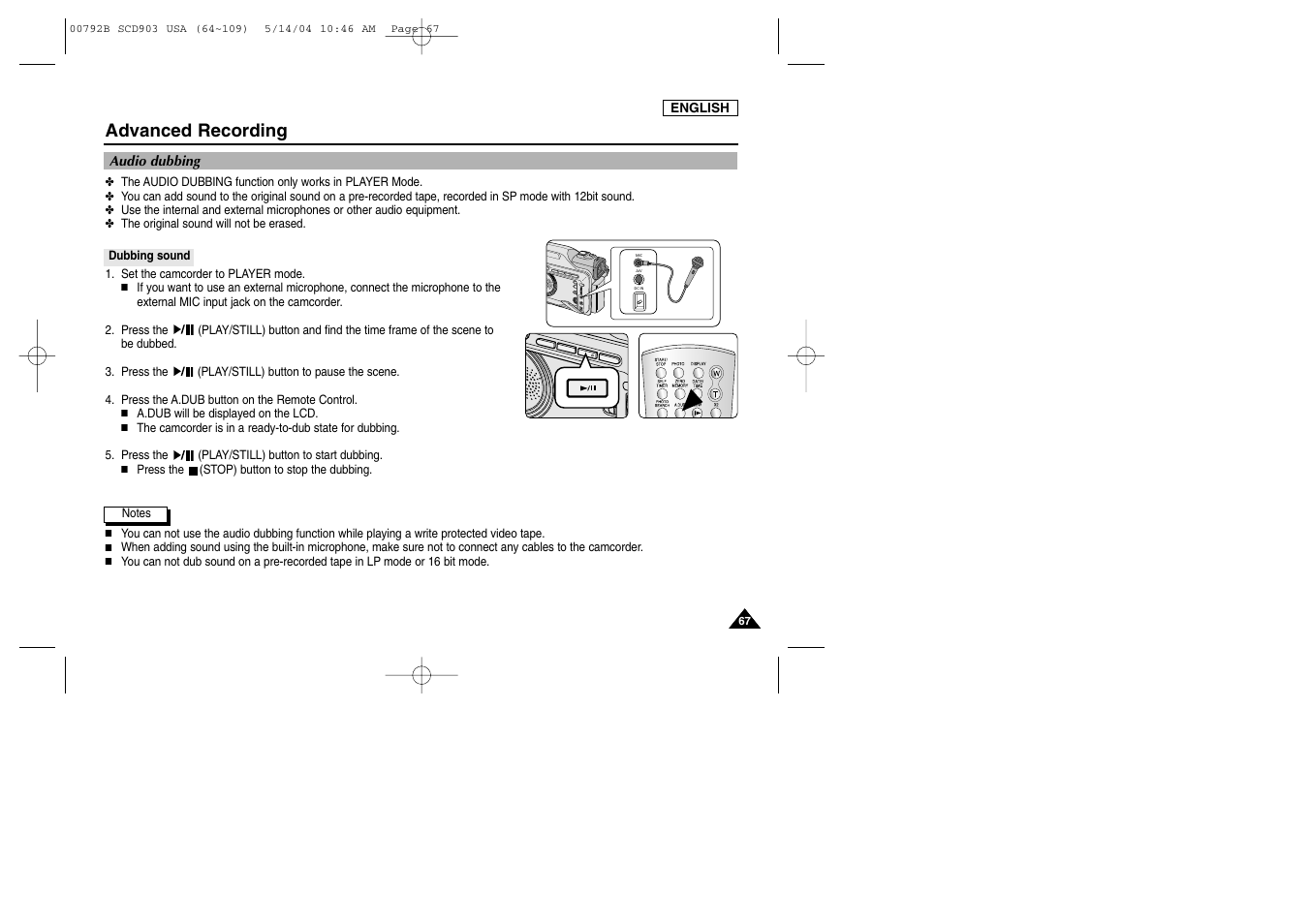 Audio dubbing, Dubbing sound, Advanced recording | Samsung SC-D903-XAC User Manual | Page 71 / 114