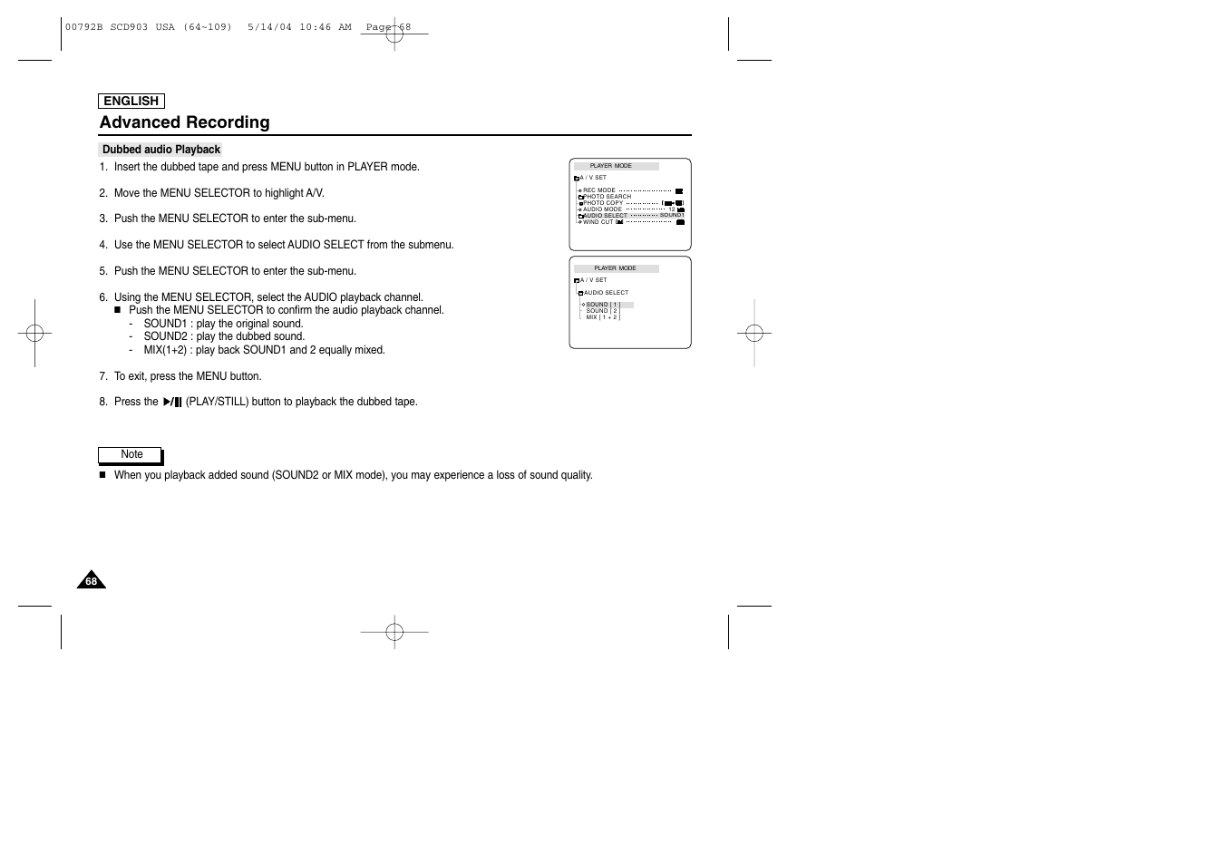 Dubbed audio playback, Advanced recording | Samsung SC-D903-XAC User Manual | Page 72 / 114