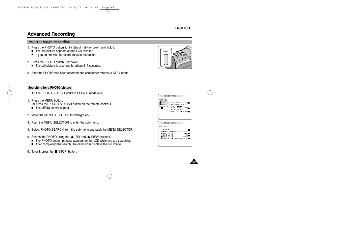 Photo image recording, Searching for a photo picture, Advanced recording | Samsung SC-D903-XAC User Manual | Page 73 / 114