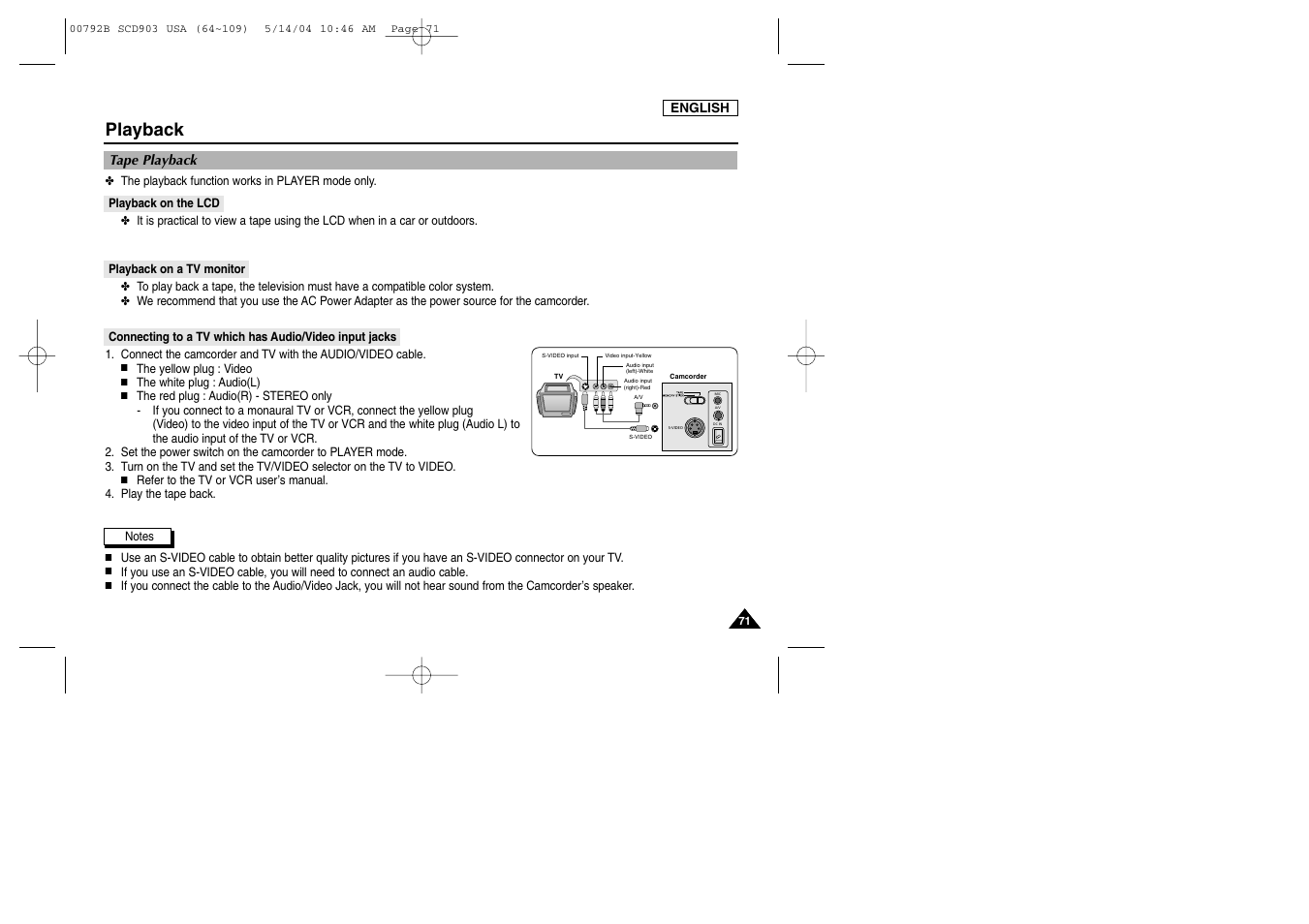 Playback, Tape playback, Playback on the lcd | Playback on a tv monitor | Samsung SC-D903-XAC User Manual | Page 75 / 114