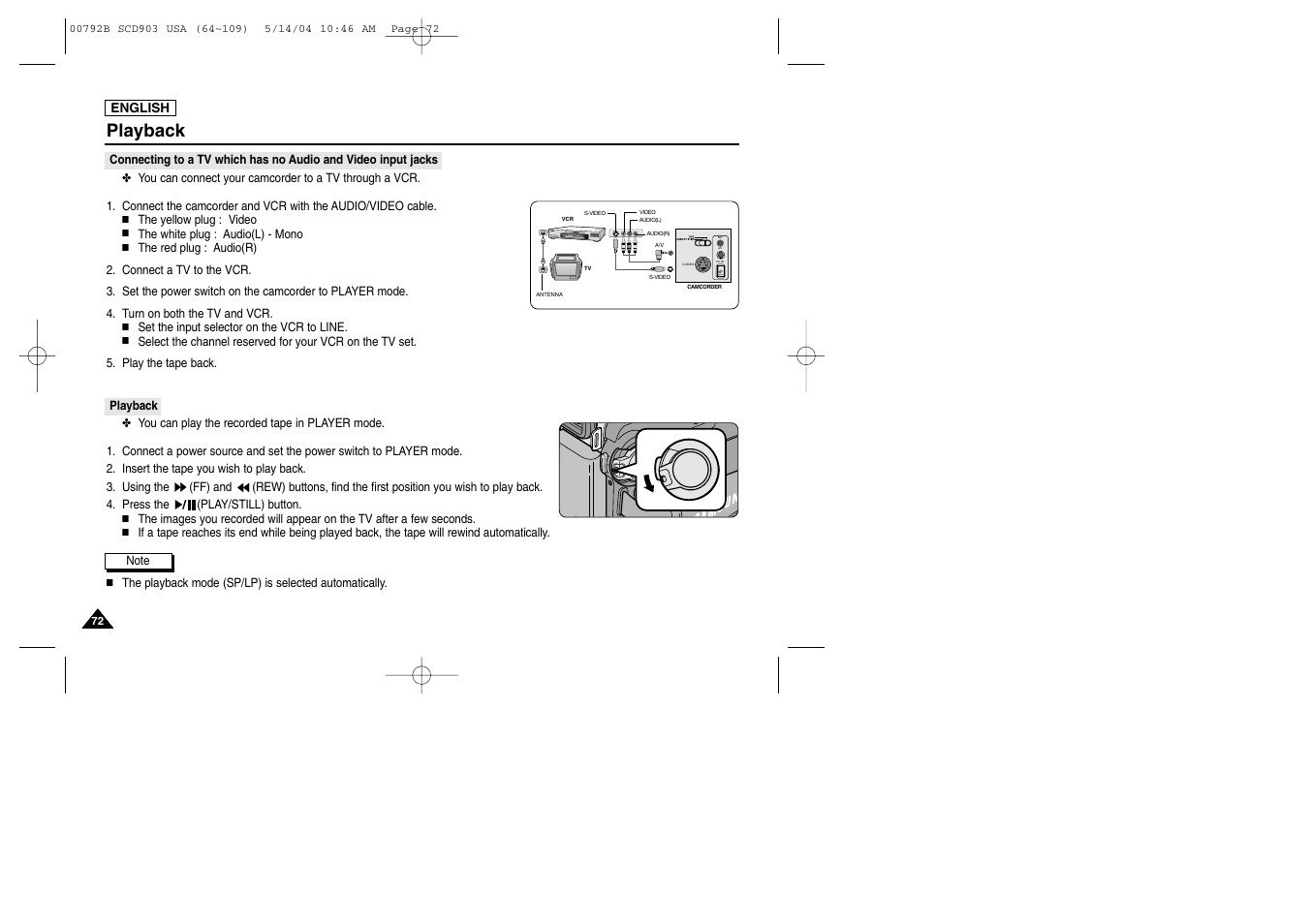 Playback, Mic a/v dc in | Samsung SC-D903-XAC User Manual | Page 76 / 114