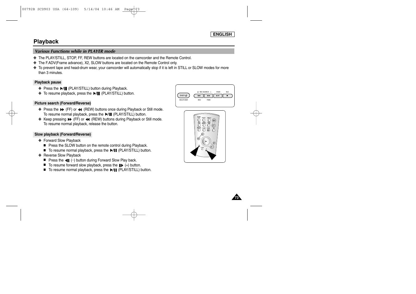 Various functions while in player mode, Playback pause, Picture search (forward/reverse) | Slow playback (forward/reverse), Playback | Samsung SC-D903-XAC User Manual | Page 77 / 114