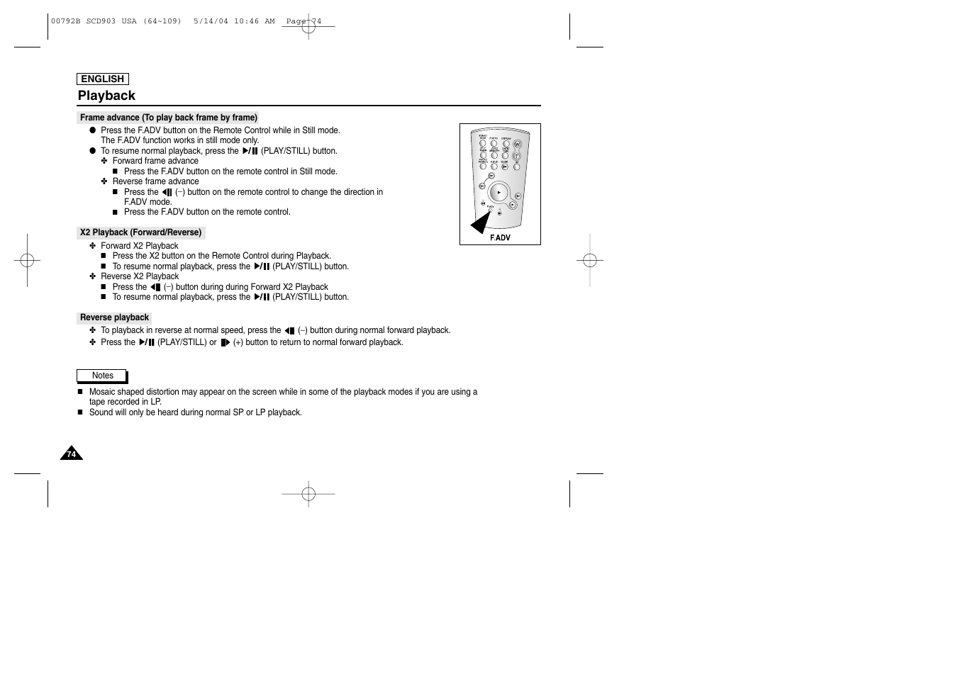 Frame advance (to play back frame by frame), X2 playback (forward/reverse), Reverse playback | Playback | Samsung SC-D903-XAC User Manual | Page 78 / 114