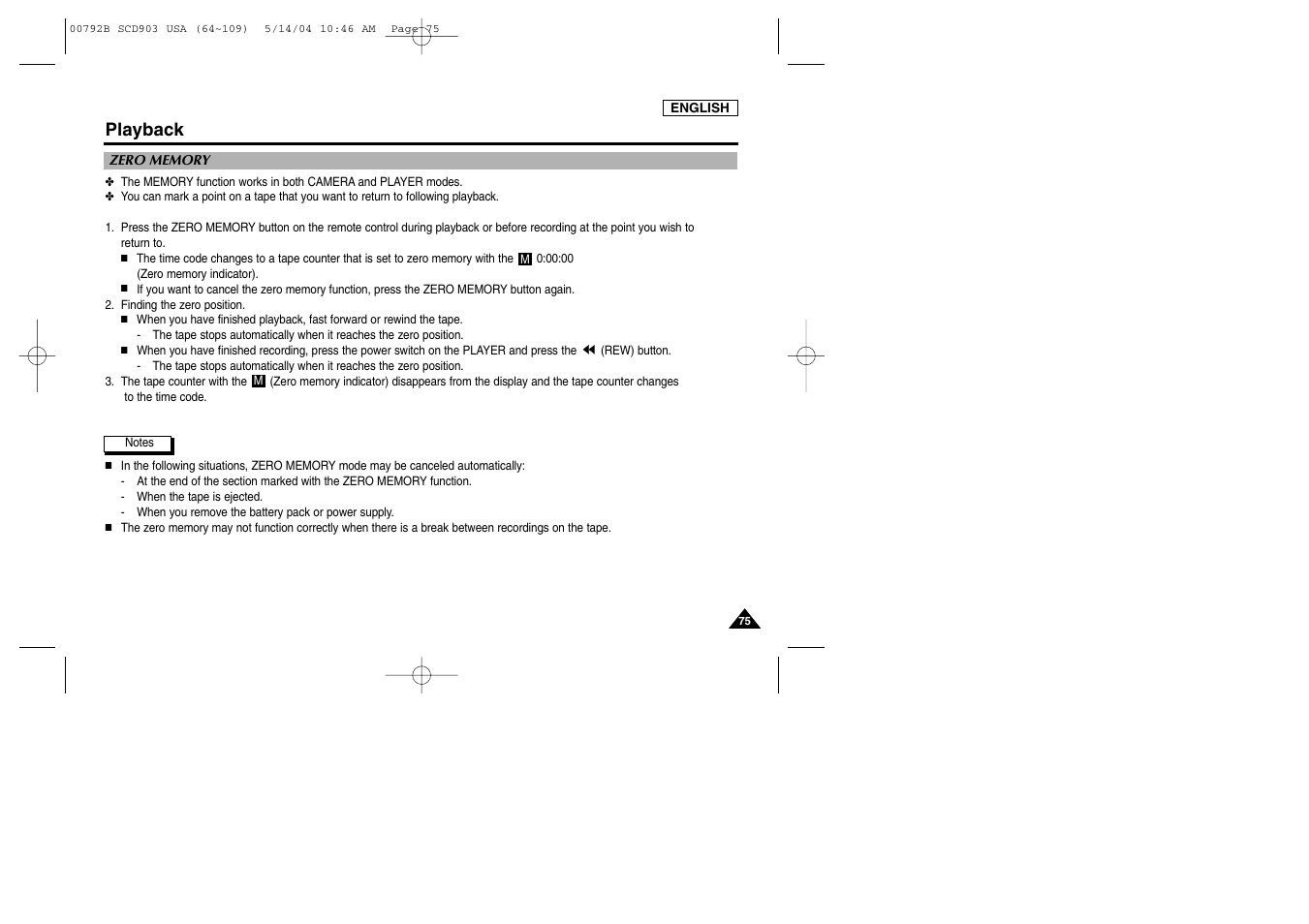 Zero memory, Playback | Samsung SC-D903-XAC User Manual | Page 79 / 114