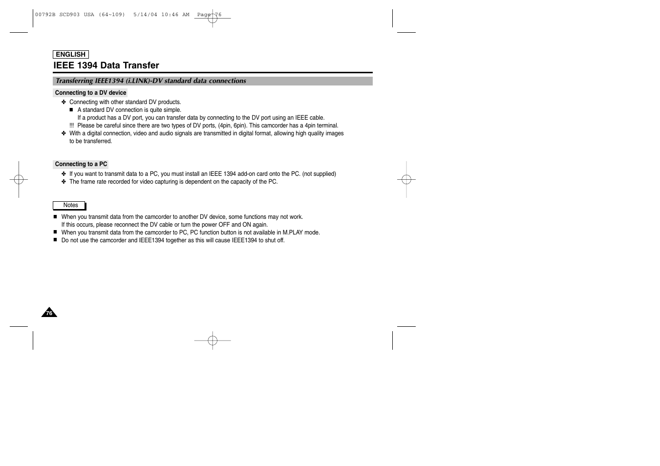 Ieee 1394 data transfer, Connecting to a dv device, Connecting to a pc | Samsung SC-D903-XAC User Manual | Page 80 / 114