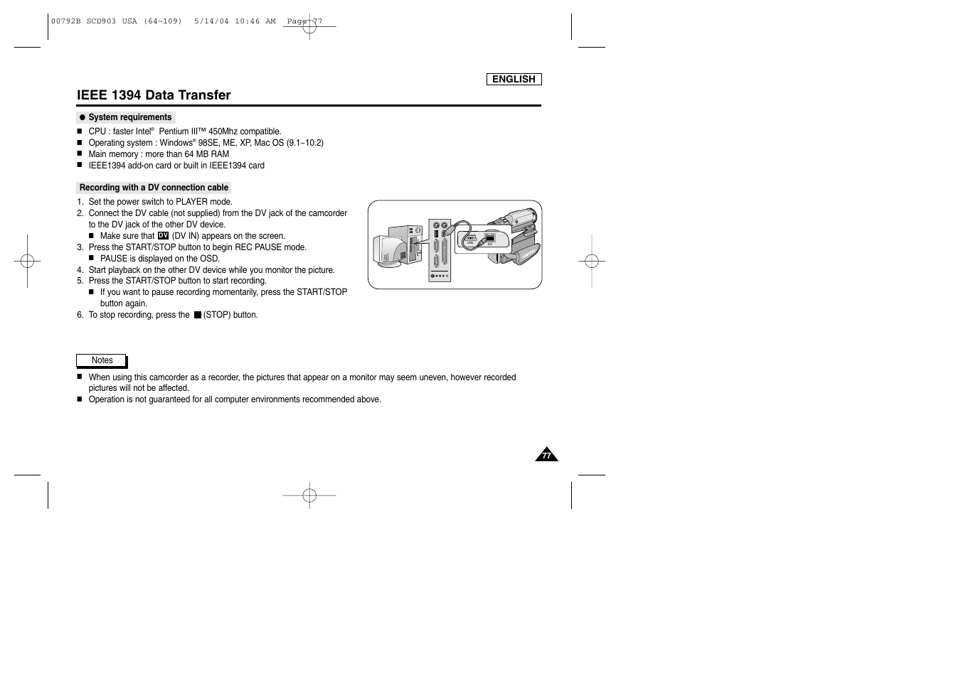 System requirements, Recording with a dv connection cable, Ieee 1394 data transfer | Samsung SC-D903-XAC User Manual | Page 81 / 114